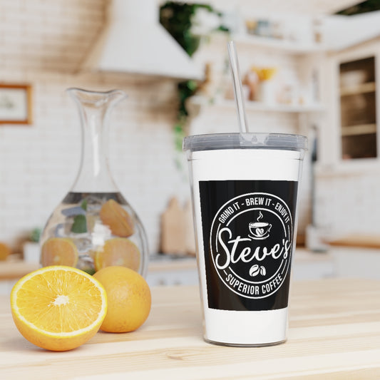 Plastic Tumbler with Straw - White w/Black Logo